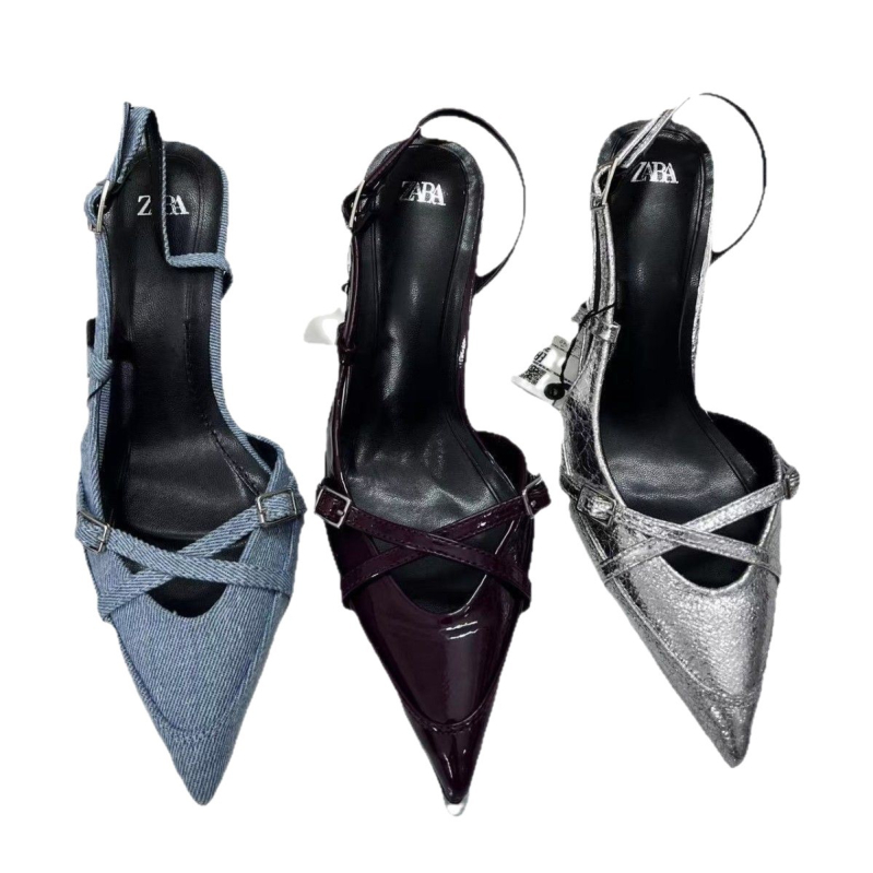 Ženske mule s denim remenom, špicastim nosem, uskim potpeticama 6–8 cm