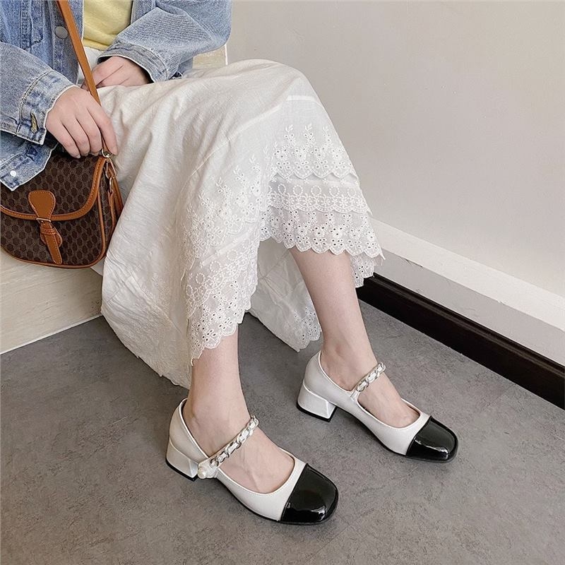 Pantofi Mary Jane - stil retro, partea superioară PU, vârf rotund, închidere cu cataramă, toc înalt 6-8 cm, talpă din cauciuc