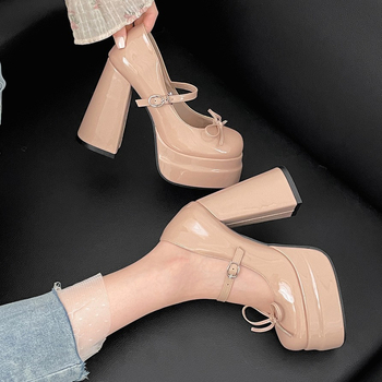 Dámske Mary Jane topánky, korejský štýl, okrúhla špička, PU zvršok, extrémne vysoký podpätok (>8 cm)