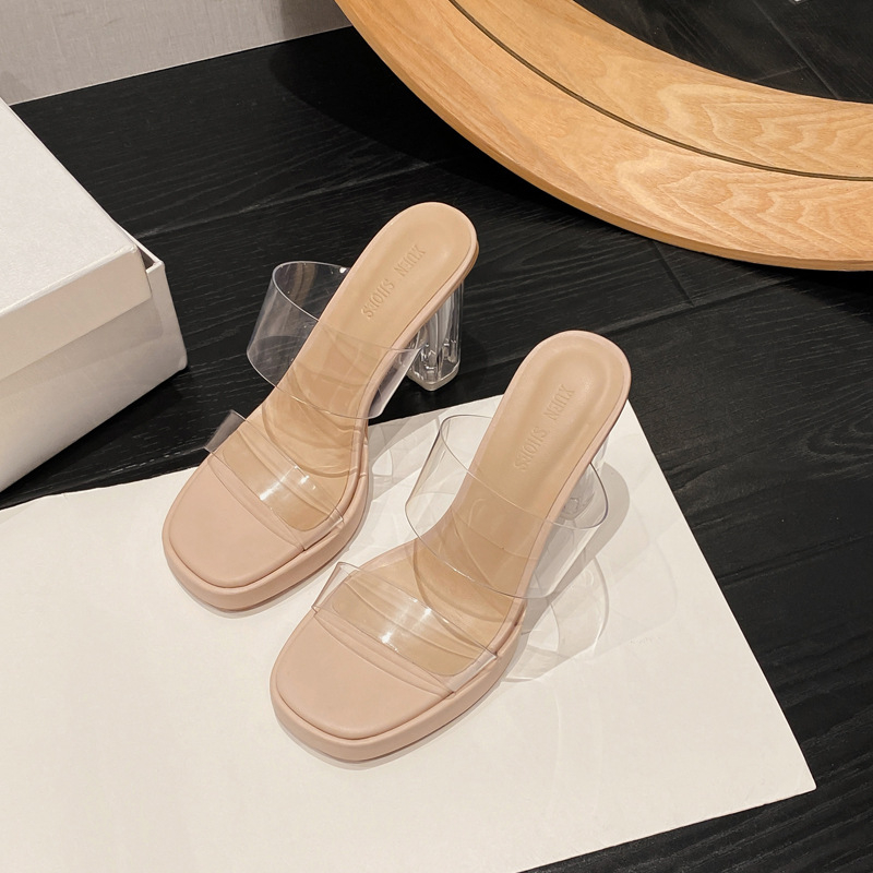 Korejas stilā augstpapēžu sandales, kvadrātveida purns, gumijas zole, PU augšdaļa, mikrošķiedras iekšdaļa