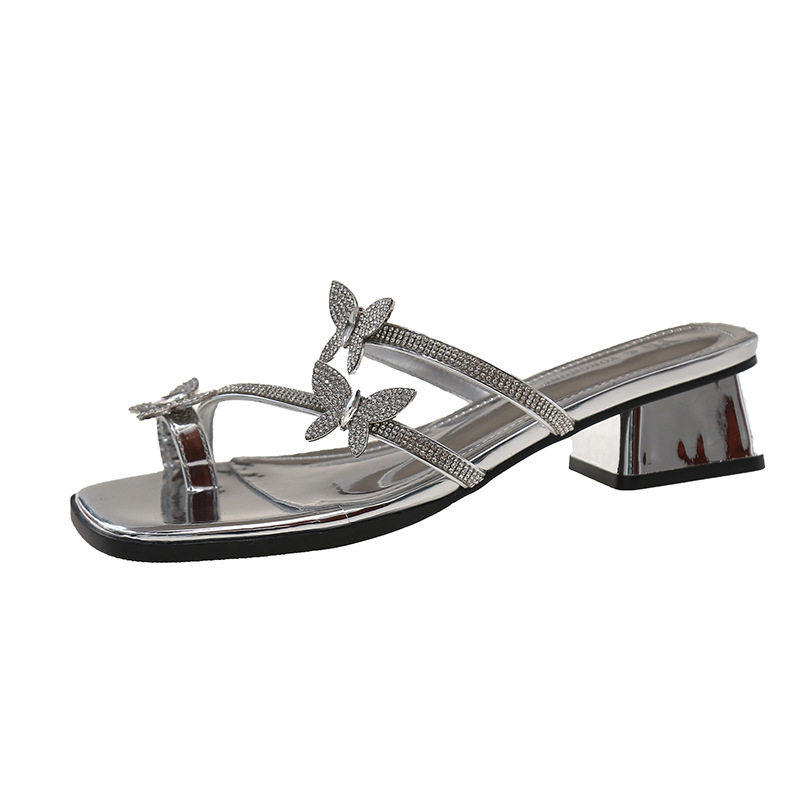 Francijas stila sandales ar rhinestones un tauriņa akcentu uz pirksta, kvadrāta purns, PU augšdaļa, PU iekšējā, gumijas zole, vasara 2025