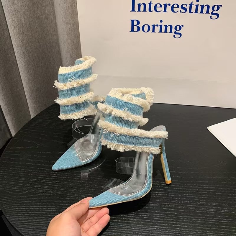 Sandále s remienkom, velúr horný diel, špičatý nos, päta tvaru pohára na víno, výška päty nad 8 cm