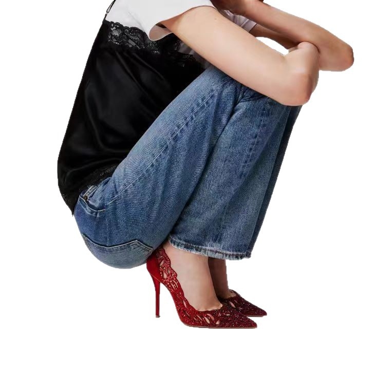 Lttl ženske sandale s kristalima, šiljat nos, tanak potpetica preko 8 cm, koža unutarnja i đon