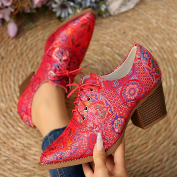 Dámske vysoké topánky na podpätku s kvetinovým vzorom, hrubý podpätok 6-8 cm, vrchný materiál z textilu, viazanie šnúrkami