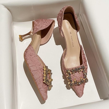 Pantofi cu toc înalt pentru femei: vârf ascuțit, toc subțire, stil coreean (Partea superioară: țesătură; Interior: microfibră; Talpă: cauciuc)