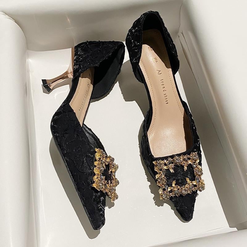 Pantofi cu toc înalt pentru femei: vârf ascuțit, toc subțire, stil coreean (Partea superioară: țesătură; Interior: microfibră; Talpă: cauciuc)