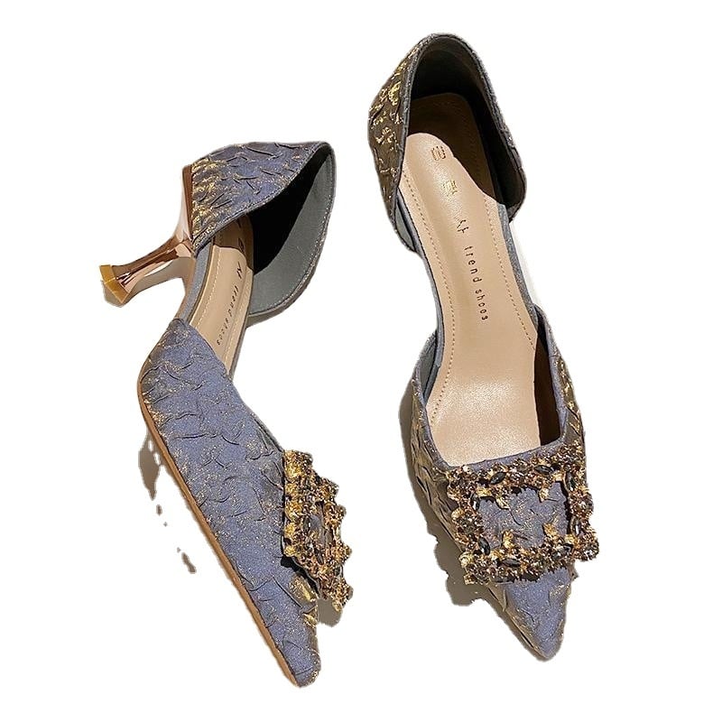 Pantofi cu toc înalt pentru femei: vârf ascuțit, toc subțire, stil coreean (Partea superioară: țesătură; Interior: microfibră; Talpă: cauciuc)