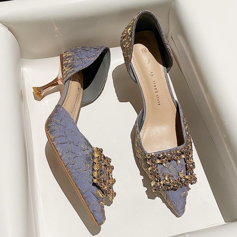 Pantofi cu toc înalt pentru femei: vârf ascuțit, toc subțire, stil coreean (Partea superioară: țesătură; Interior: microfibră; Talpă: cauciuc)