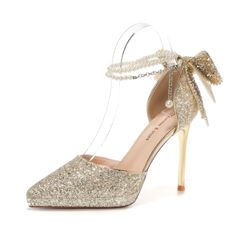 Ženske visoke potpetice s oštrim vrhom, blistav gornji dio, mašna s perlnom lancem, štikla stileto, seksi stil