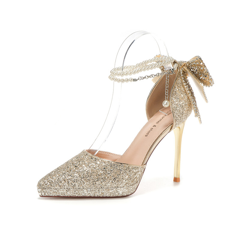 Ženske visoke potpetice s oštrim vrhom, blistav gornji dio, mašna s perlnom lancem, štikla stileto, seksi stil
