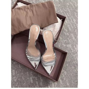 Pantofi dama cu toc ascuțit, cu cristale, vârf închis, parte superioară transparentă (partea superioară PU; formă a degetului: gură de pește; talpă din cauciuc; fără căptușeală; primăvara 2025)
