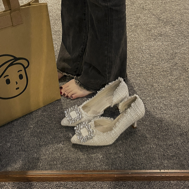 Ženske štikle s oštrim nosom, kristali, PU gornji dio, guma potplat, visina pete 3–6 cm