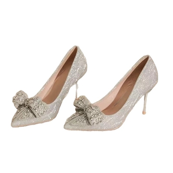 Sieviešu augstpapēžu kurpes ar rhinestone dekoru un spīdīgu lenti, smails purns, plāns papēdis 6–8 cm, PU augšdaļa, gumijas zole, kāzu kurpes