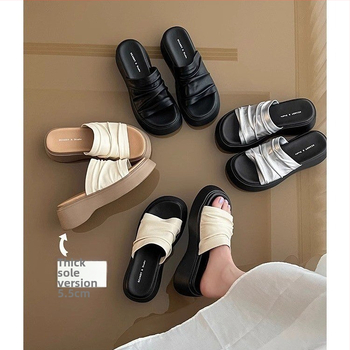 Sandale femei din piele cu aspect încrețit și platformă, partea superioară din piele microfibră, talpă din cauciuc, vârf rotund, vara 2025