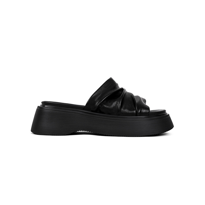 Sandale femei din piele cu aspect încrețit și platformă, partea superioară din piele microfibră, talpă din cauciuc, vârf rotund, vara 2025