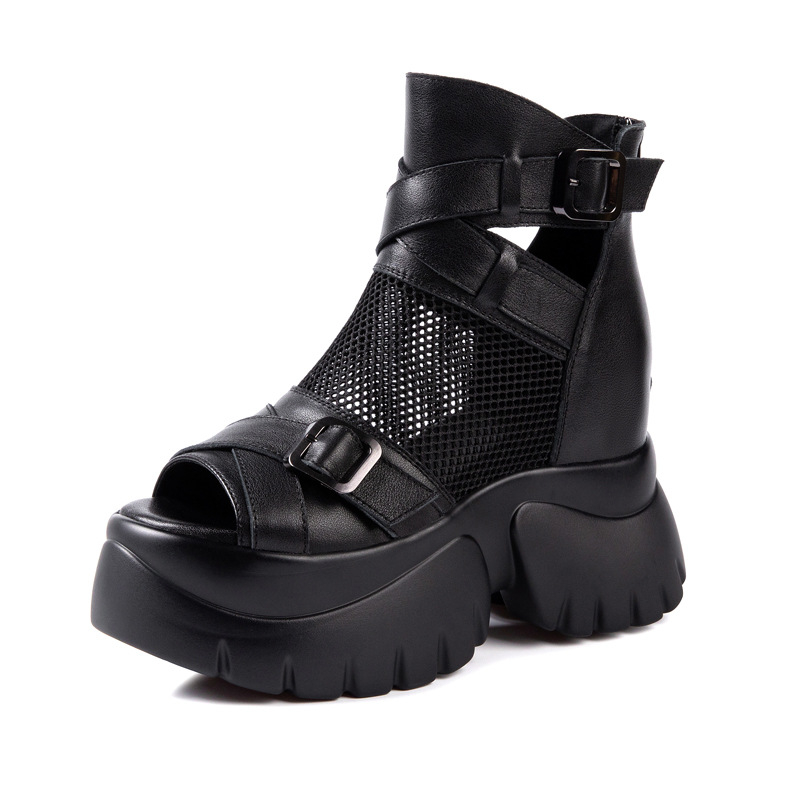 Sieviešu ādas romiešu sandales ar augstu platformu, atvērts pirksts, aizmugurējā rāvējslēdzējs, PU zole, 2025. gada vasara