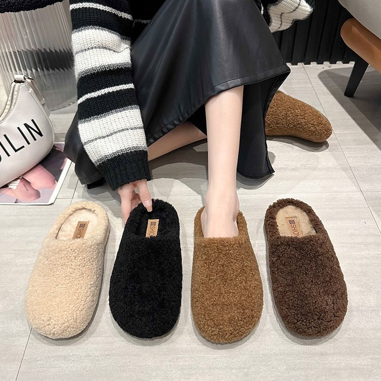 Ženske kućne papuče s gornjim dijelom od velura, unutarnjom pamučnom podstavom i gumom na potplatu – korejski stil, platforma 0–3 cm, protuklizne i tople