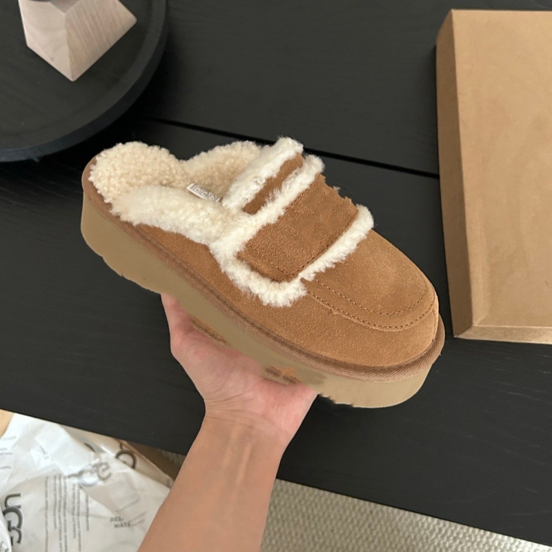 Papuče s koženým vrchným dielom, 3 cm hrubá gumová podrážka, okrúhla špička, podšívka z ovčej vlny, domáce zimné papuče pre dospelých.