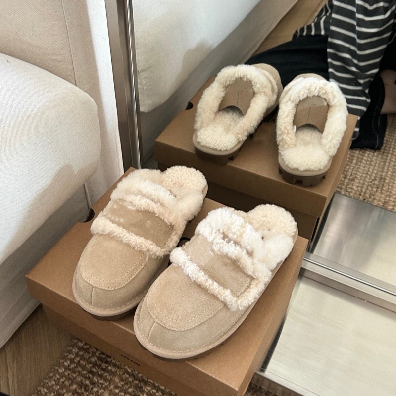 Papuče s koženým vrchným dielom, 3 cm hrubá gumová podrážka, okrúhla špička, podšívka z ovčej vlny, domáce zimné papuče pre dospelých.