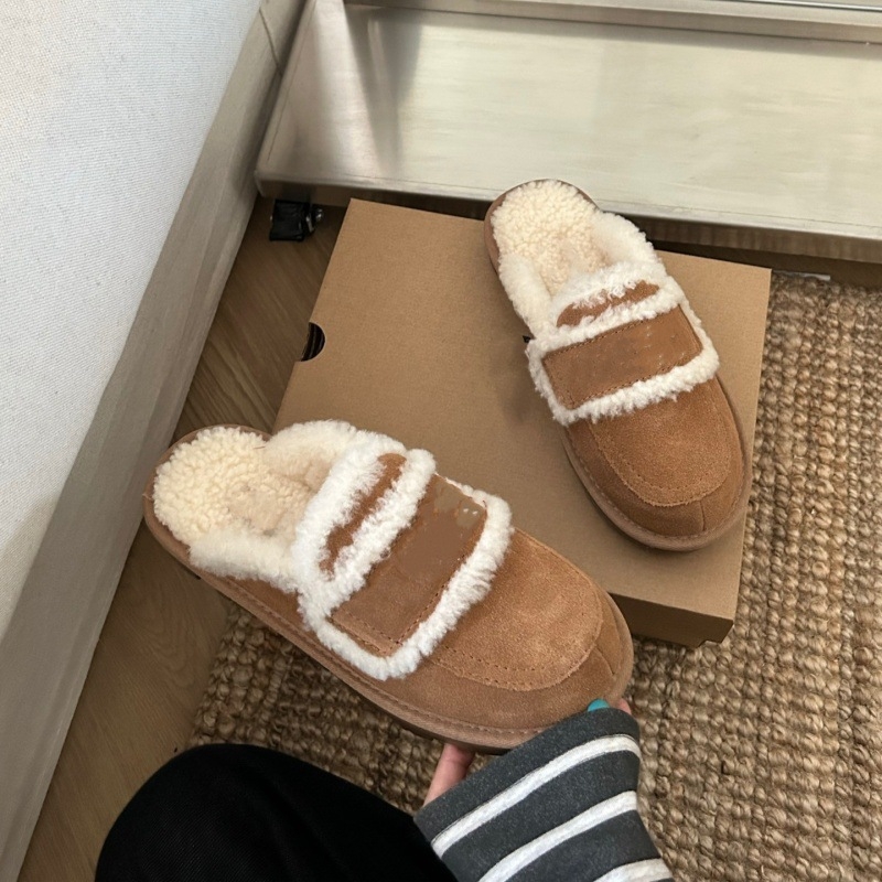 Papuče s koženým vrchným dielom, 3 cm hrubá gumová podrážka, okrúhla špička, podšívka z ovčej vlny, domáce zimné papuče pre dospelých.