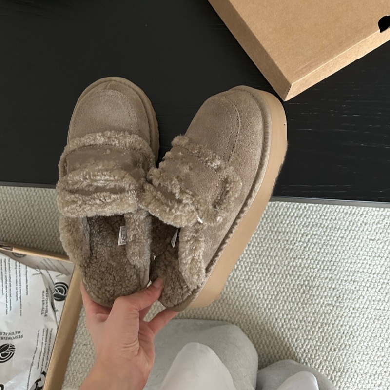 Papuče s koženým vrchným dielom, 3 cm hrubá gumová podrážka, okrúhla špička, podšívka z ovčej vlny, domáce zimné papuče pre dospelých.