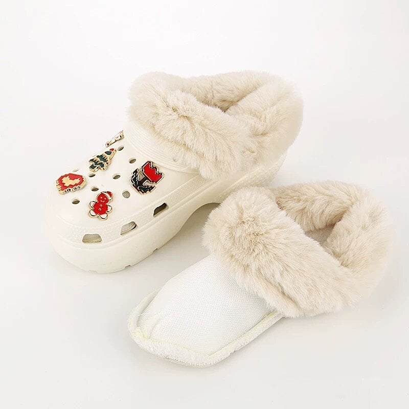 Crocs stila kurpes ziemai ar noņemamu kokvilnas un vilnas pārklājumu, pūkaina iekšpuse, putas zole, plakana pamatne