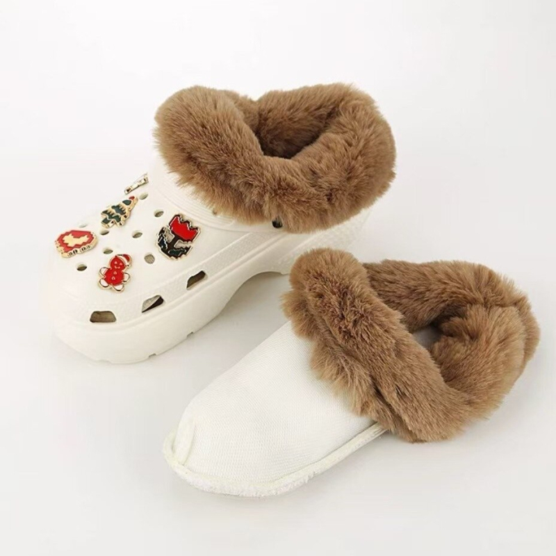 Crocs stila kurpes ziemai ar noņemamu kokvilnas un vilnas pārklājumu, pūkaina iekšpuse, putas zole, plakana pamatne