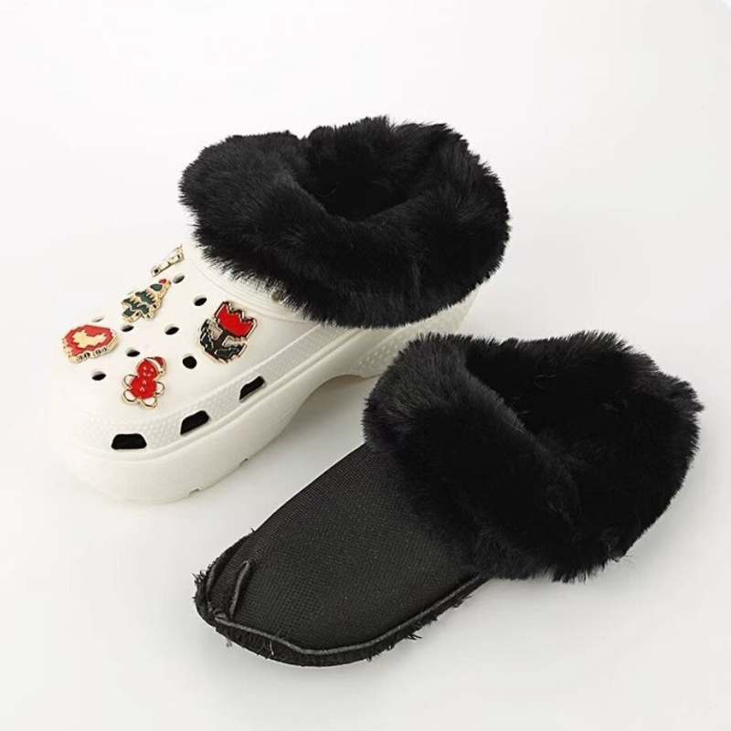 Crocs stila kurpes ziemai ar noņemamu kokvilnas un vilnas pārklājumu, pūkaina iekšpuse, putas zole, plakana pamatne