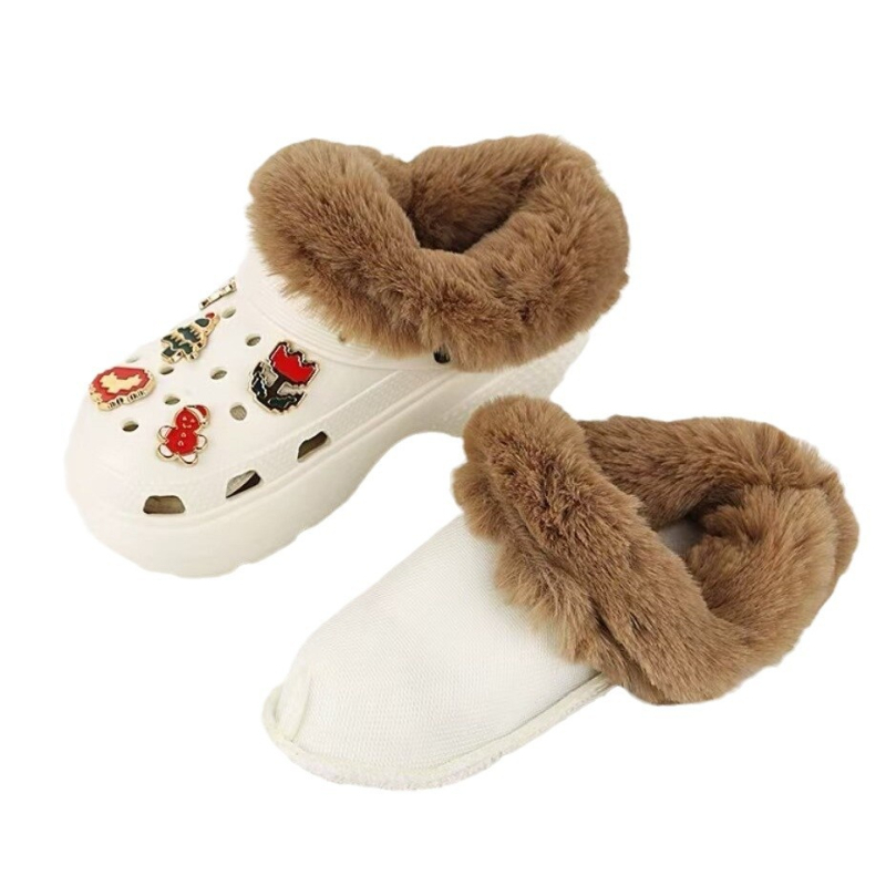 Crocs stila kurpes ziemai ar noņemamu kokvilnas un vilnas pārklājumu, pūkaina iekšpuse, putas zole, plakana pamatne
