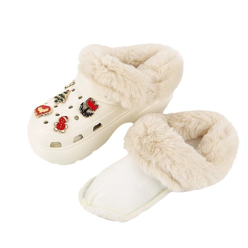 Crocs stila kurpes ziemai ar noņemamu kokvilnas un vilnas pārklājumu, pūkaina iekšpuse, putas zole, plakana pamatne