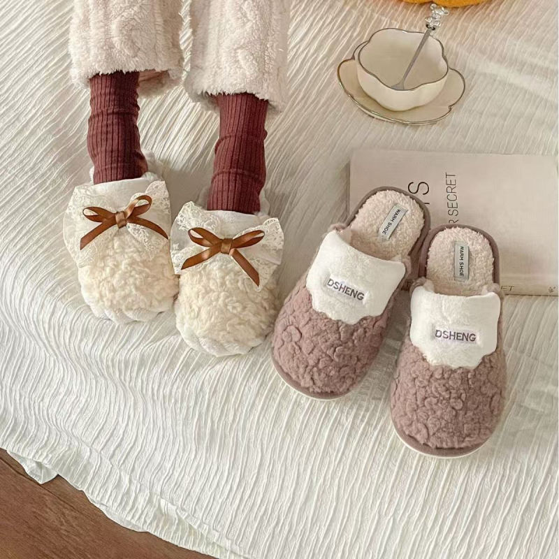 Ženske zimske papuče od pamuka, s mašnicom, protuklizna PVC potplat, unutarnji od umjetne krzna, za kućnu upotrebu, debljina potplata 0–3 cm