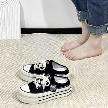 Dámske plátenné topánky s hrubou platformou, slip-on, gumová podrážka, okrúhla špička, voľnočasové