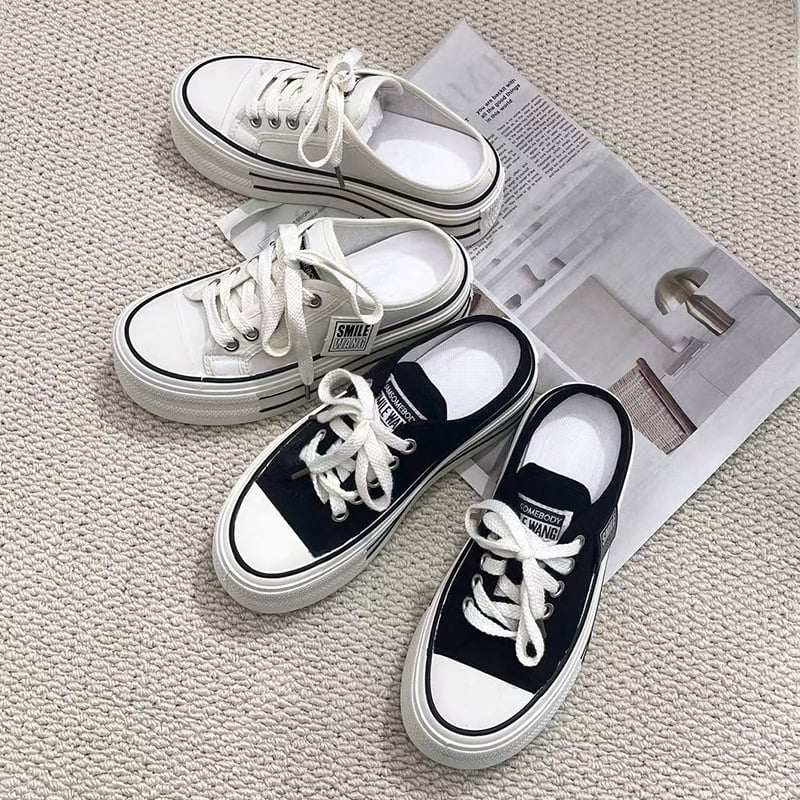 Dámske plátenné topánky s hrubou platformou, slip-on, gumová podrážka, okrúhla špička, voľnočasové