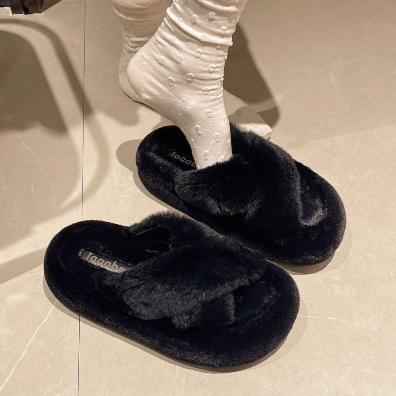 Dámske chlpaté papuče v kórejskom štýle, vrchný materiál z králičieho kožušiny, vnútorná výstelka z umelej srsti, gumová podrážka, platforma 3-5 cm, Slip-On, na denné nosenie, Zima 2025