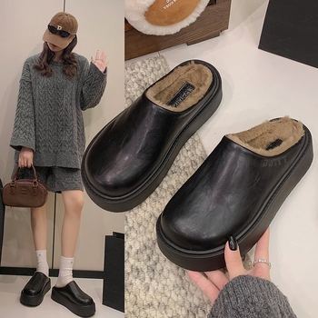 Ženske papuče s debelim potplatom, PU koža, gumeni potplat, slip-on, povećanje visine 3–5 cm