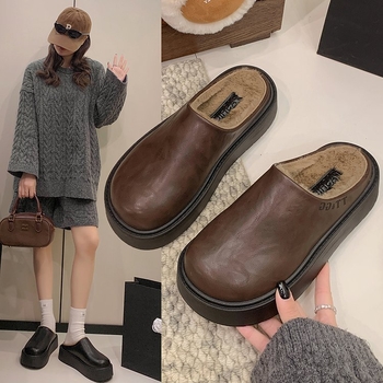 Ženske papuče s debelim potplatom, PU koža, gumeni potplat, slip-on, povećanje visine 3–5 cm