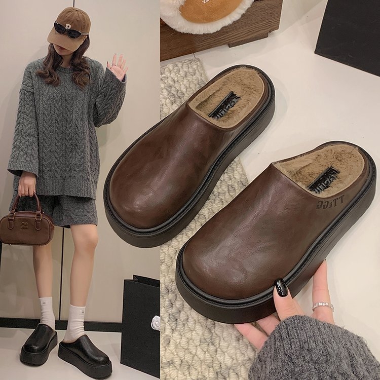Ženske papuče s debelim potplatom, PU koža, gumeni potplat, slip-on, povećanje visine 3–5 cm