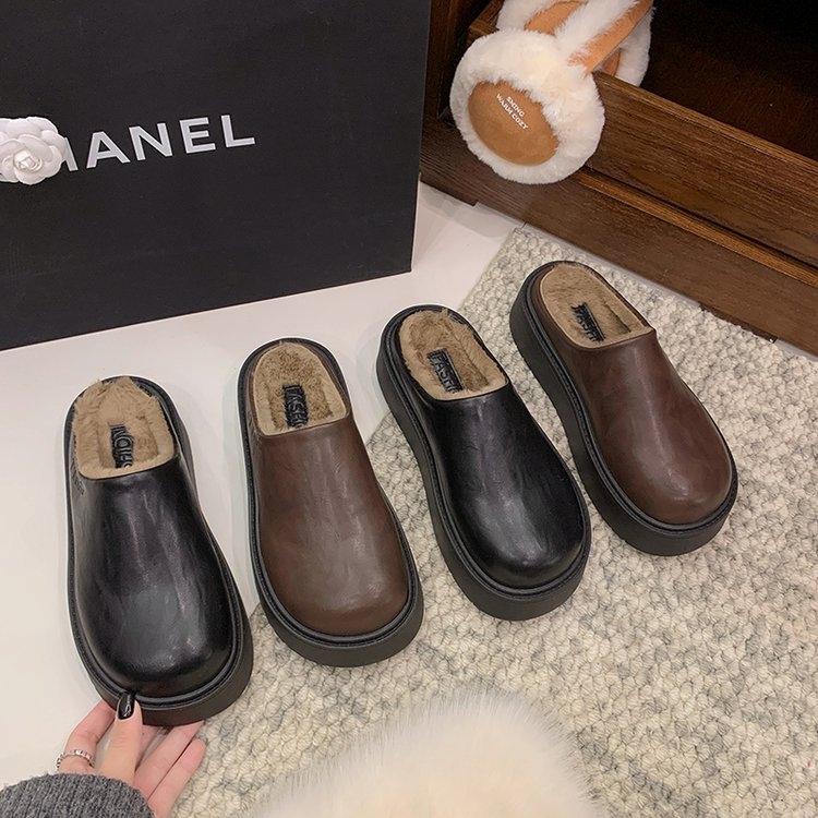 Ženske papuče s debelim potplatom, PU koža, gumeni potplat, slip-on, povećanje visine 3–5 cm