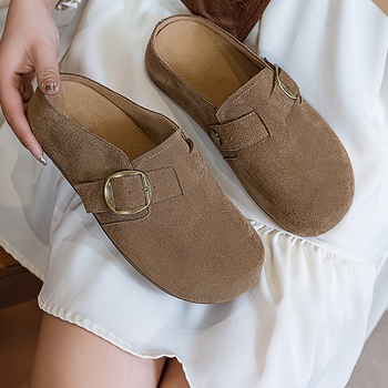 Toe-Cap Back Sandals - Genuine Leather Quality, Cow Suede Upper, Round Toe, Rubber Sole, Super Fiber Lining, Slip-On Women's Shoes