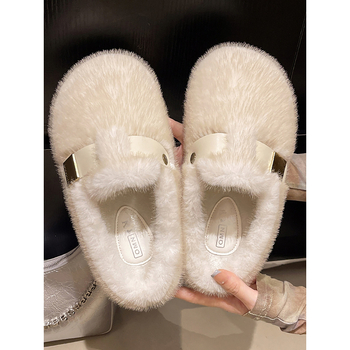 Ženske papuče s flisom, PU gornji dio, gumena potplata, ravna potplata, zimski model 2025