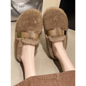 Ženske papuče s flisom, PU gornji dio, gumena potplata, ravna potplata, zimski model 2025