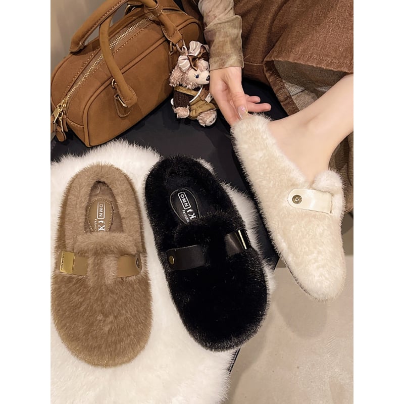 Ženske papuče s flisom, PU gornji dio, gumena potplata, ravna potplata, zimski model 2025