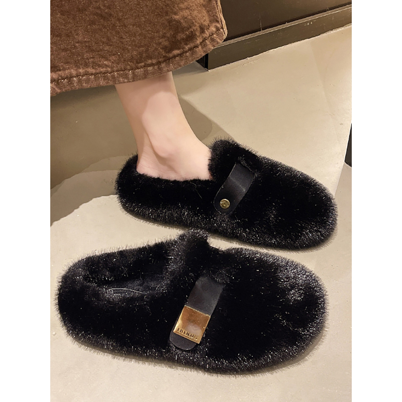 Ženske papuče s flisom, PU gornji dio, gumena potplata, ravna potplata, zimski model 2025