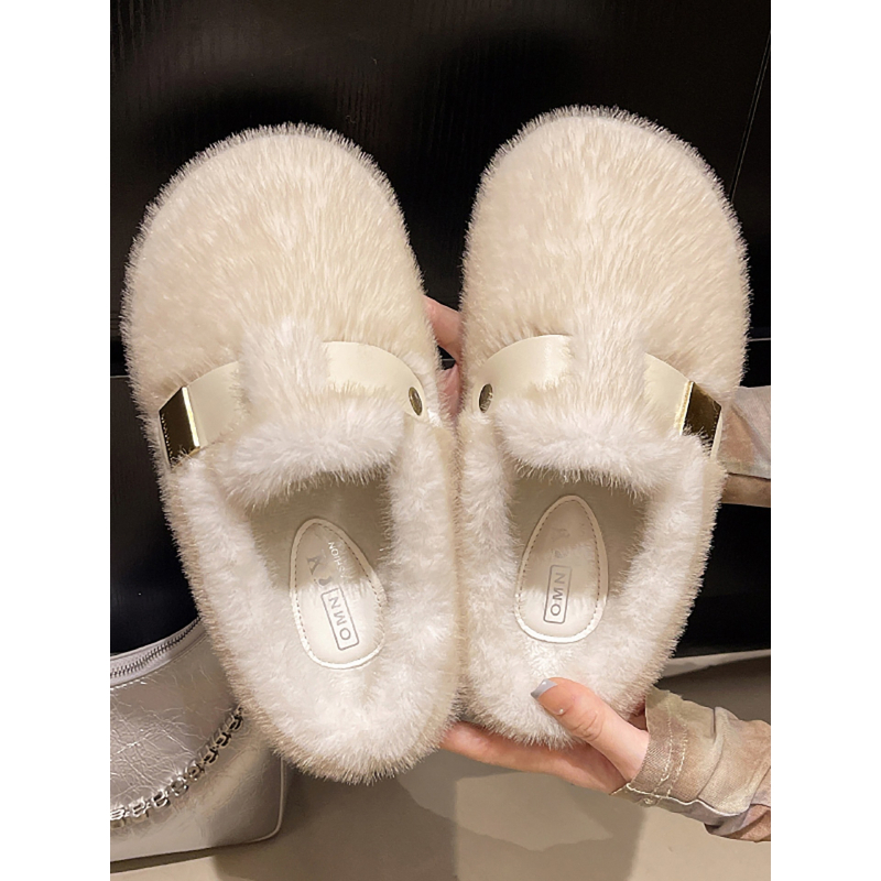 Ženske papuče s flisom, PU gornji dio, gumena potplata, ravna potplata, zimski model 2025