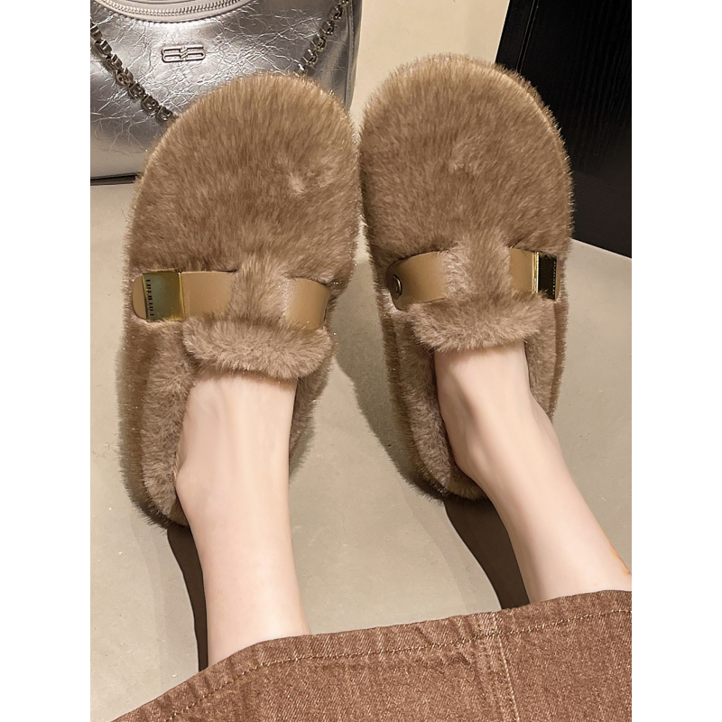Ženske papuče s flisom, PU gornji dio, gumena potplata, ravna potplata, zimski model 2025
