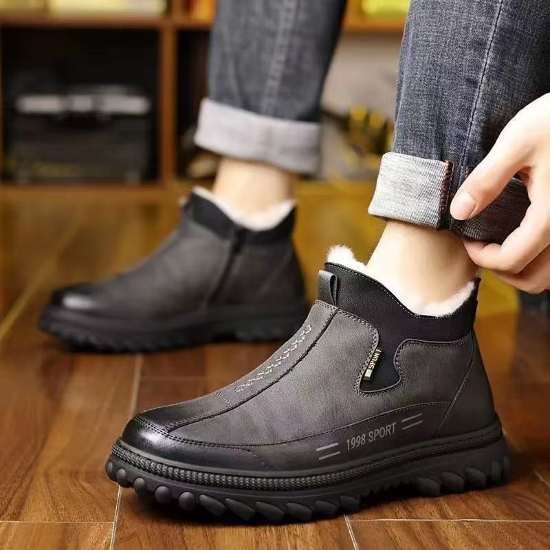 Pantofi de iarnă pentru bărbați din bumbac, cu căptușeală de pluș — slip-on, înalte, căptușeală groasă, partea superioară: piele sintetică, talpă PVC