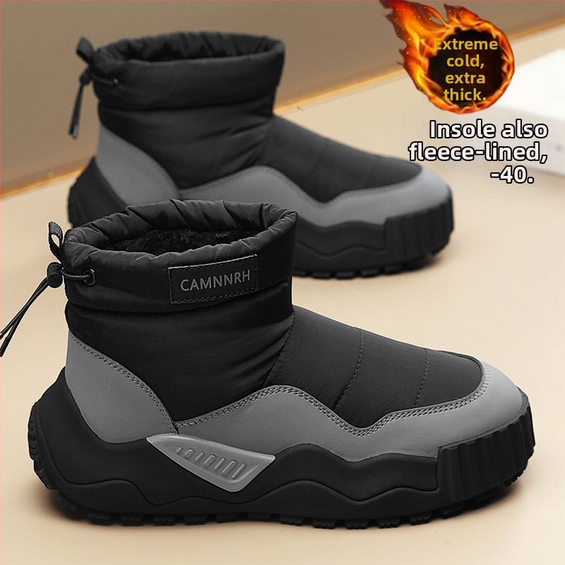 Мъжки снежни ботуши, PU горна част, подплата от изкуствен къс плюш, подметка с инжекционно формована технология, зимни обувки с нисък ток (1–3 см)
