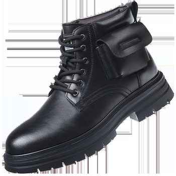 Мъжки кожени снегоботи – двуслойна кожена горна част, вълнена подплата, противохлъзгаща гумена подметка, 3–5 cm височина на тока, ежедневен стил