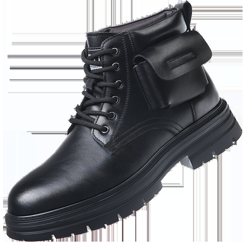 Мъжки кожени снегоботи – двуслойна кожена горна част, вълнена подплата, противохлъзгаща гумена подметка, 3–5 cm височина на тока, ежедневен стил