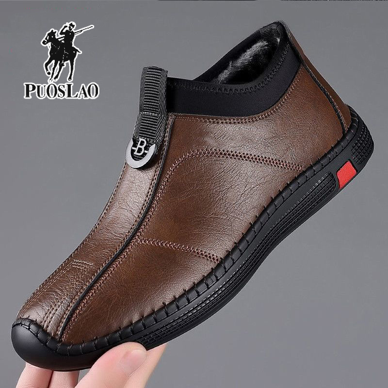 Muške kožne papuče za zimu, s fleec podstavom, slip-on, gumena potplata